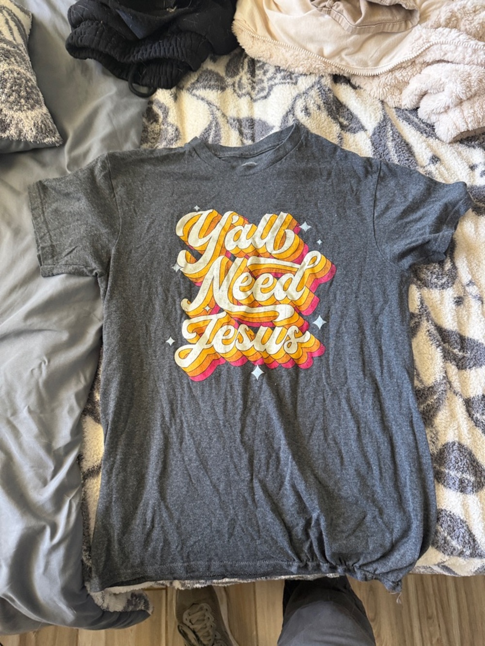 DC Gray Short Sleeve Tee with Yellow Orange Pink Retro Script